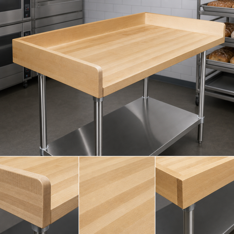 Product image #3 for Advance Tabco Wood Top Bakers' Table with Stainless Steel Undershelf, 96 x 36 Inches, 4-Inch Rear and Side Splashes