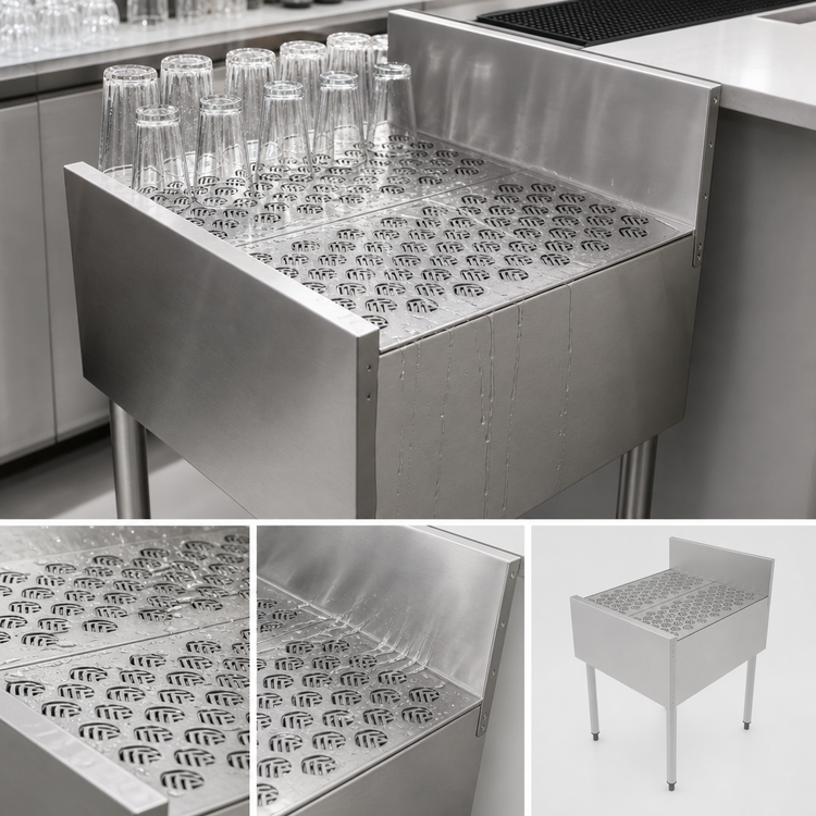 Product image #4 for Top Shelf TSCE Series 24-Inch Freestanding Stainless Steel Underbar Drainboard with Backsplash and Glass Rack Inserts