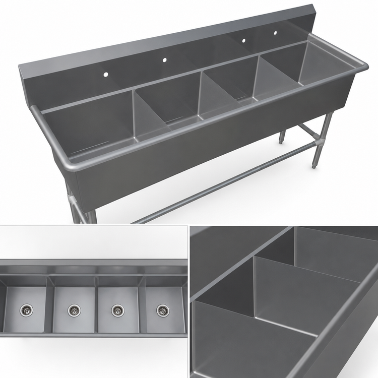 Product image #3 for John Boos Pro-Bowl 4-Compartment Freestanding Stainless Steel Commercial Sink, 69-1/8 Inch Wide