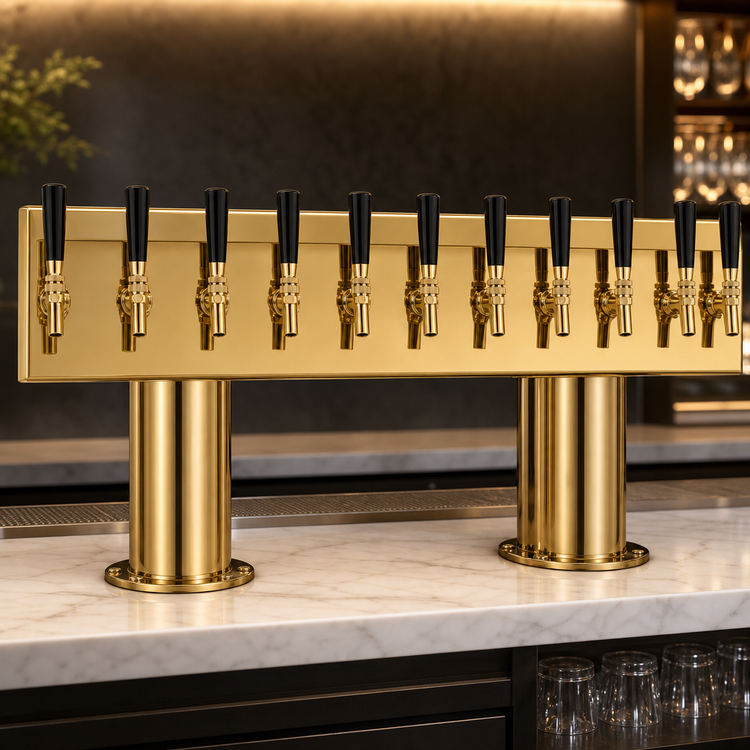 Product image #3 for Countertop Double Pedestal 10-Faucet Glycol-Cooled Draft Beer Tower, PVD Brass Finish