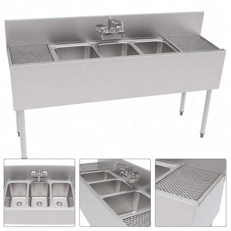 Product image #4 for Perlick TS Series 60-Inch Triple-Compartment Stainless Steel Underbar Sink Unit with Left and Right Drainboards and 6-Inch Backsplash