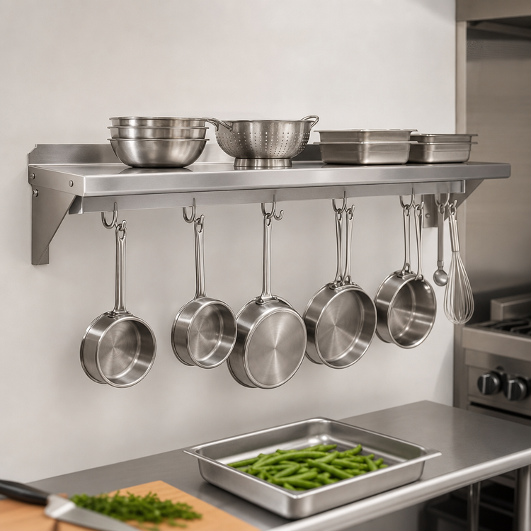 Product image #3 for John Boos Stallion Wall-Mount Stainless Steel Pot Rack Shelf with 9 Hooks, 108W x 18D x 13H