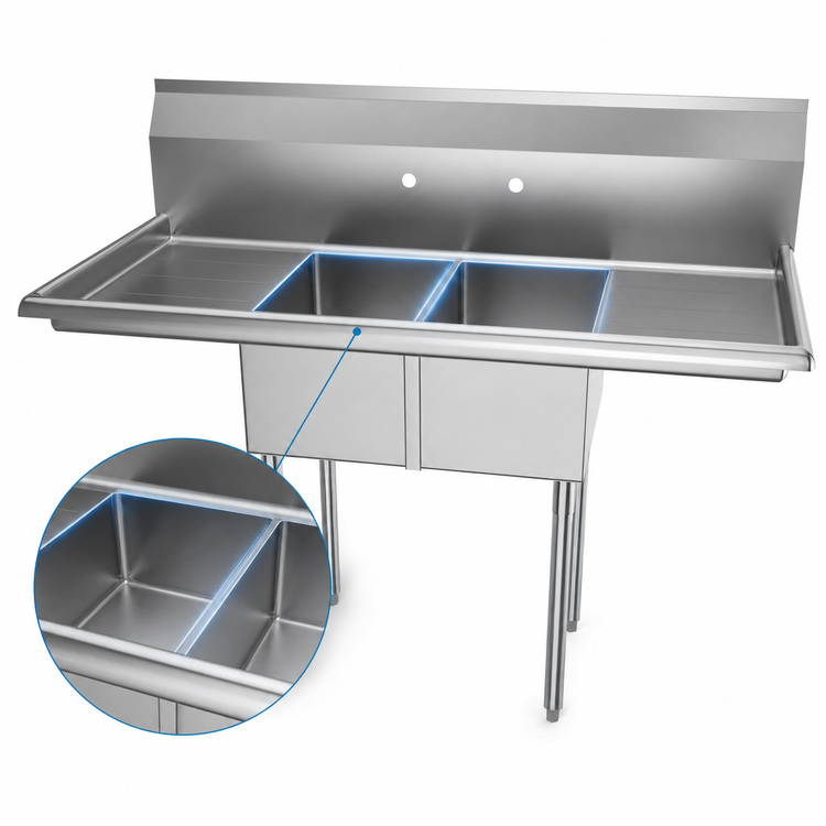 Product image #3 for KoolMore 48-Inch Commercial 2-Compartment Stainless Steel Sink with Left and Right Drainboards and Backsplash