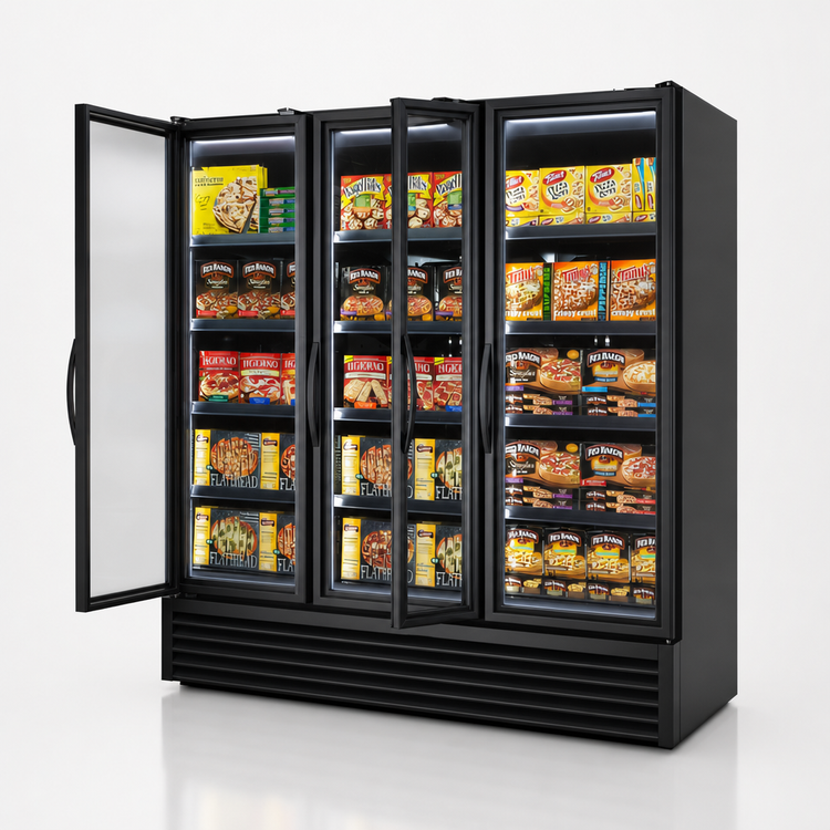 Product image #3 for True Full-Length Three-Section Glass Door Freezer Merchandiser, -10°F, 12 Shelves