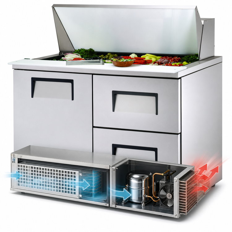 Product image #3 for True 48-Inch Two-Section Refrigerated Sandwich/Salad Prep Table with 1 Door, 2 Drawers and 18 Top Pans