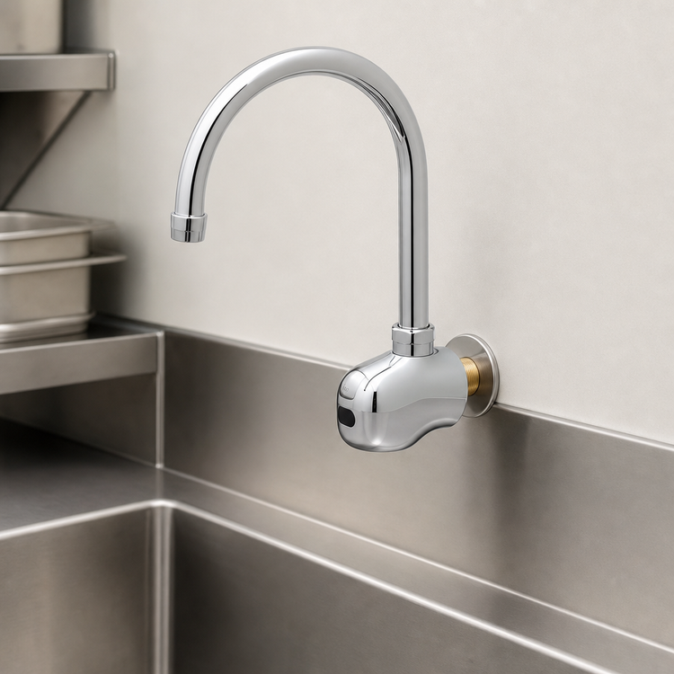 Product image #3 for Equip Electronic Touchless Wall-Mount Gooseneck Faucet with Mixing Valve, Single-Hole, 0.5 GPM, Polished Chrome Brass