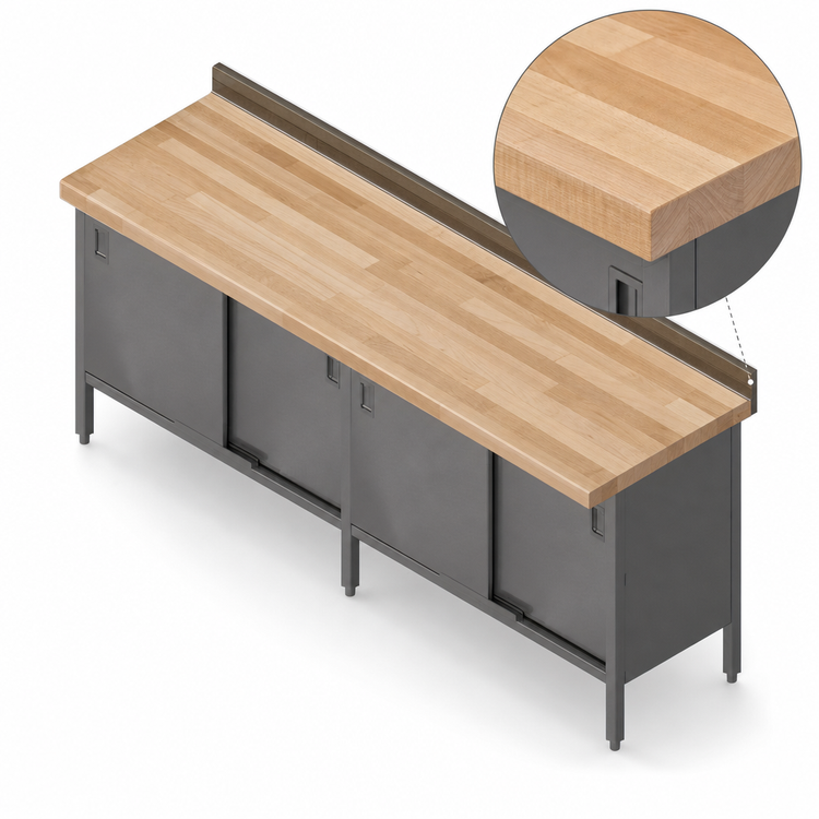 Product image #3 for John Boos 96-Inch x 30-Inch Wood Top Work Table with Cabinet Base, Sliding Doors, and Backsplash