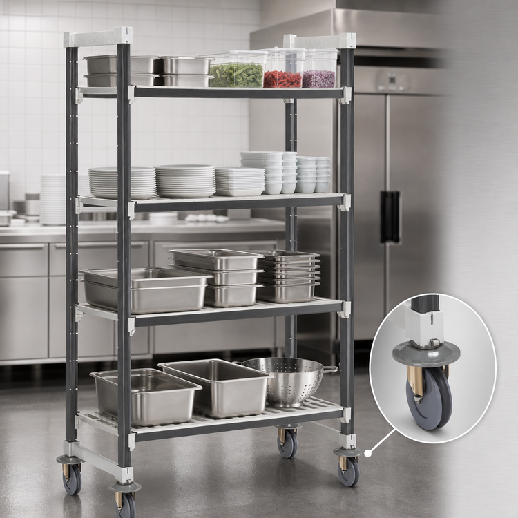 Product image #3 for Cambro Camshelving Elements XTRA 18" x 54" 4-Tier High-Density Mobile Starter Unit, Vented, Speckled Gray