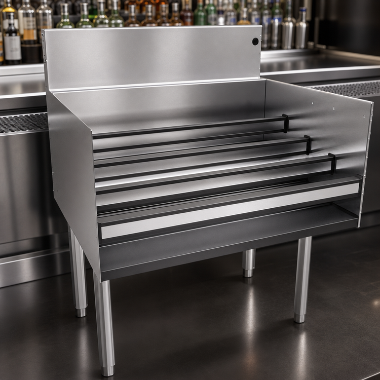 Product image #3 for Glastender Free Standing Stainless Steel Underbar Liquor Steps, 30-Inch W x 24-Inch D, 4-Step