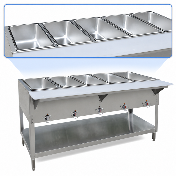 Product image #3 for BK Resources 71-Inch 5-Well Open-Well Natural Gas Hot Food Table with Cutting Board Shelf and Adjustable Undershelf