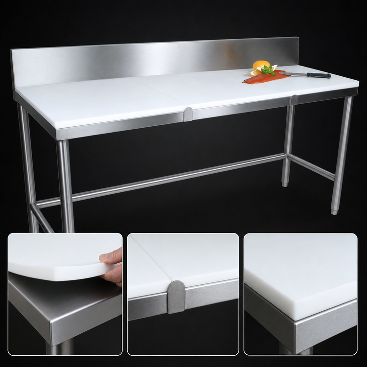 Product image #3 for John Boos TC006A 108 Inch x 24 Inch Trimming Table with 3/4 Inch Reversible Poly Top and 6 Inch Backsplash
