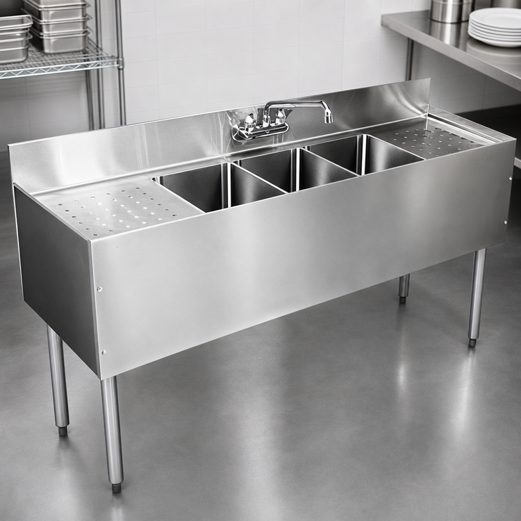 Product image #3 for CHOICE Four-Compartment Underbar Sink Unit with Dual 24-Inch Drainboards, 96-Inch Wide, 19-Inch Deep