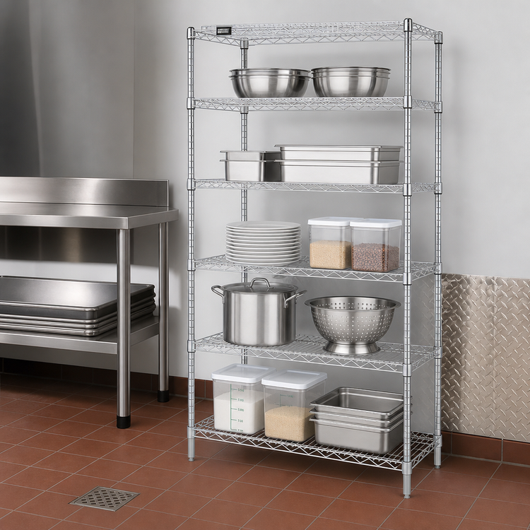 Product image #3 for Quantum Stationary 5-Shelf Wire Shelving Starter Kit, 30"W x 14"D x 54"H, Chrome Plated