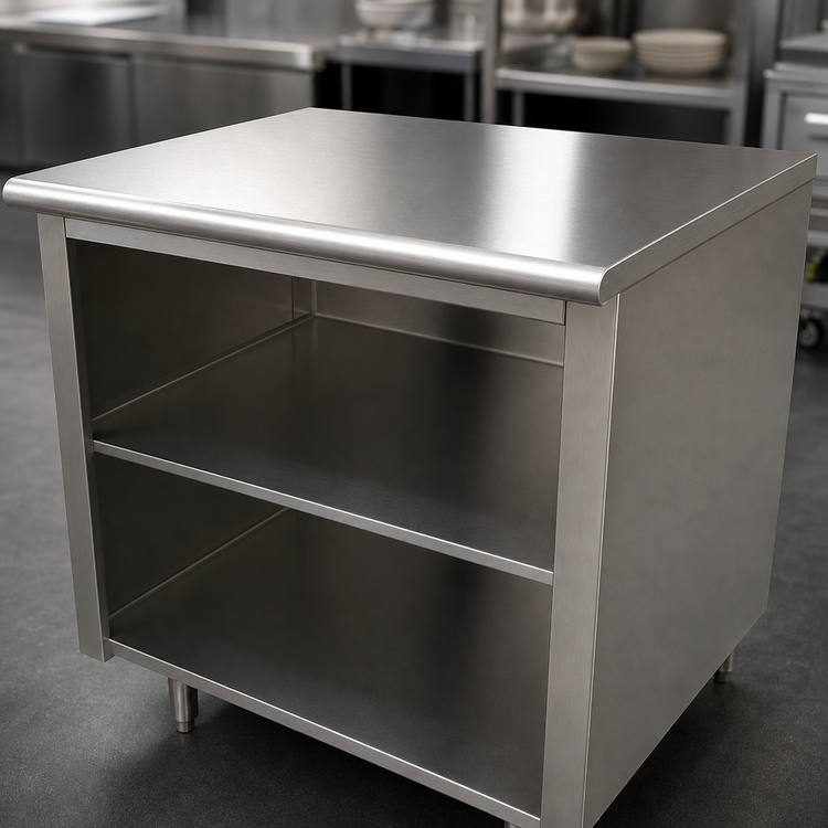Product image #3 for Advance Tabco 48" x 24" Flat Top 14 Gauge 304 Stainless Steel Work Table with Open Front Cabinet Base and Mid-Shelf