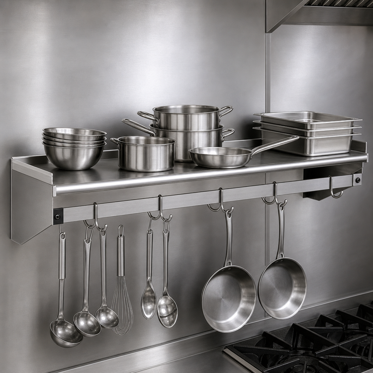 Product image #3 for Wall Shelf with Removable Hooks and Pot Rack, 72 Inch W x 12 Inch D, Stainless Steel