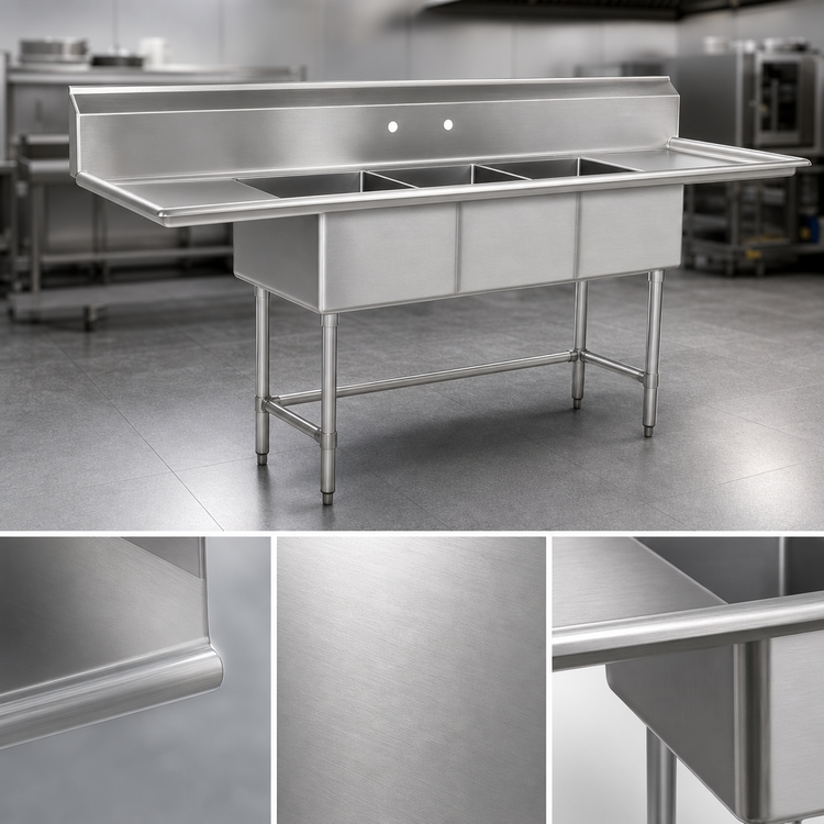 Product image #3 for BlendPort BPFC Series 3-Compartment 16-Gauge 304 Stainless Steel Commercial Sink with Left Drainboard, 18 x 18 Bowls