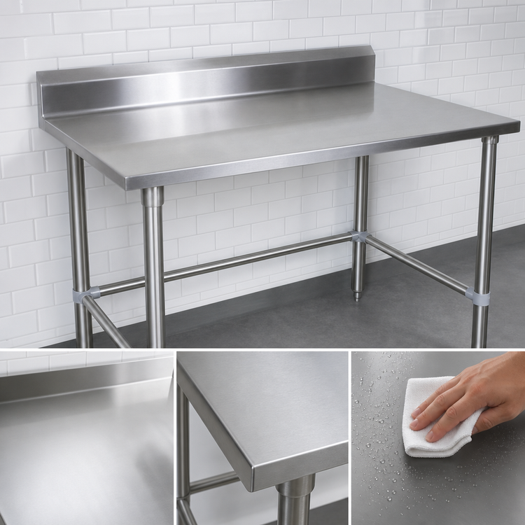 Product image #3 for John Boos Stallion 48" x 36" 14/300 Stainless Steel Work Table with 5" Backsplash and Galvanized Open Base