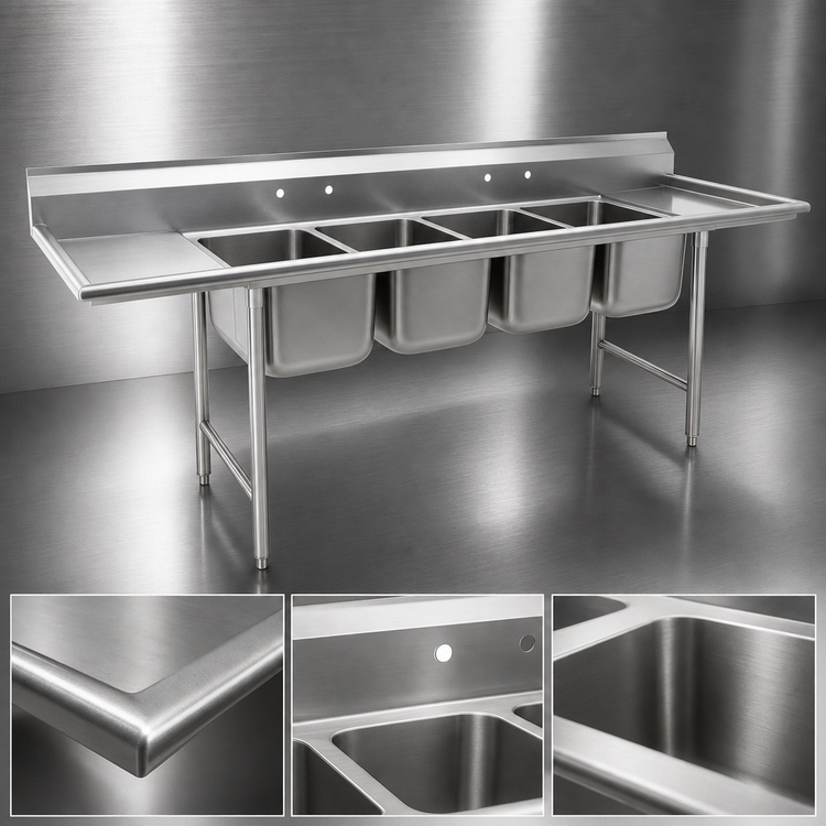 Product image #3 for Eagle Group 314 Series Four-Compartment Stainless Steel Sink with Double 24-Inch Drainboards