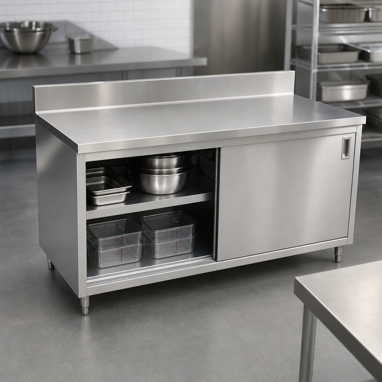 Product image #3 for 48-Inch W x 24-Inch D Enclosed Stainless Steel Work Table with Cabinet Base, Sliding Doors, and 6-Inch Backsplash