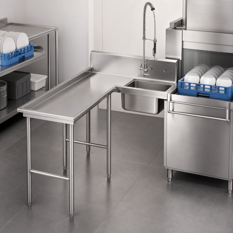 Product image #3 for Advance Tabco L-Shaped Island Soil Dishtable with Pre-Rinse Sink, Left-Hand Operator, 107 Inch, 304 Stainless Steel