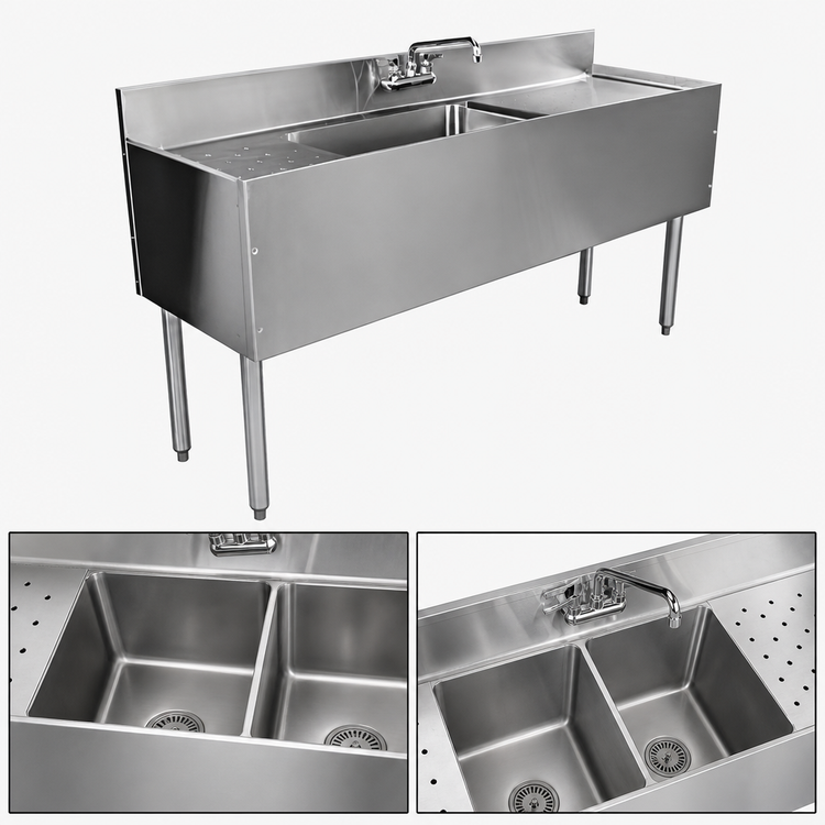 Product image #3 for CHOICE Two-Compartment Underbar Sink Unit with 4" Backsplash, 24"W x 24"D Overall, Stainless Steel