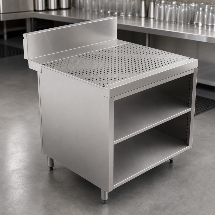Product image #3 for Advance Tabco Prestige Supreme 36-Inch Stainless Steel Freestanding Underbar Drainboard Cabinet with Open Front and 7-Inch Backsplash