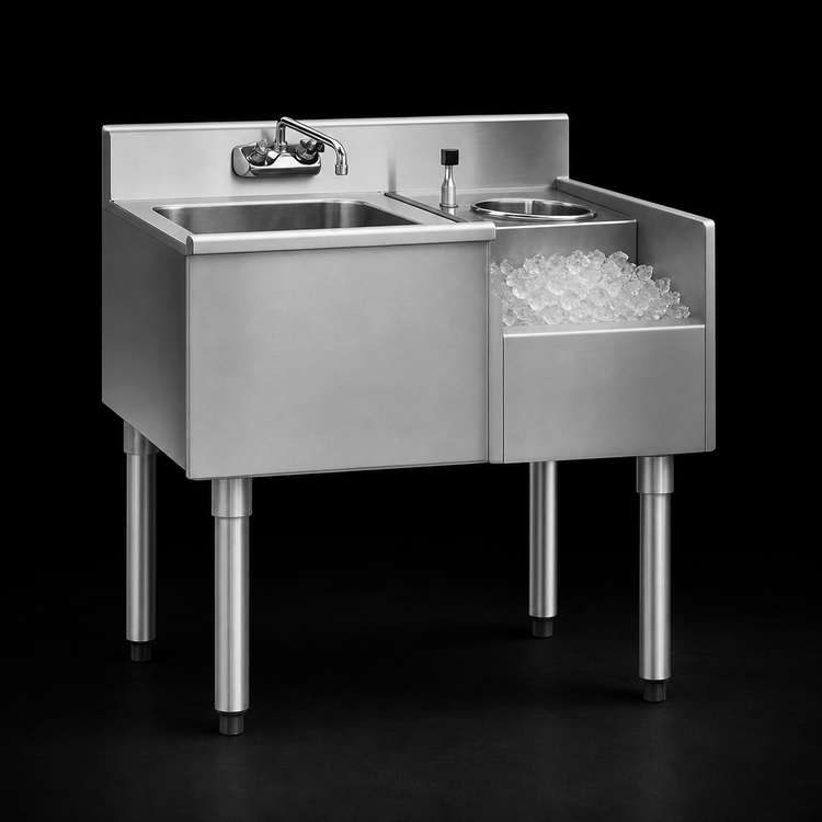 Product image #3 for Eagle 1800 Series Underbar Ice Bin/Cocktail Station with 7-Circuit Cold Plate, Blender Recess, Right-Side Ice Bin, 36"W x 20"D