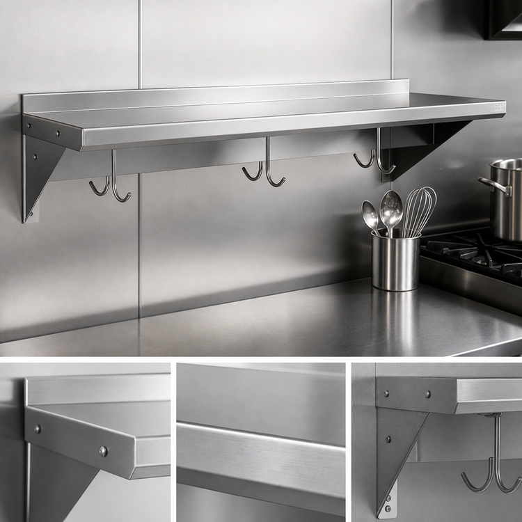 Product image #3 for BK Resources 36" x 14" Wall-Mount 16-Gauge 304 Stainless Steel Overshelf with Pot Rack