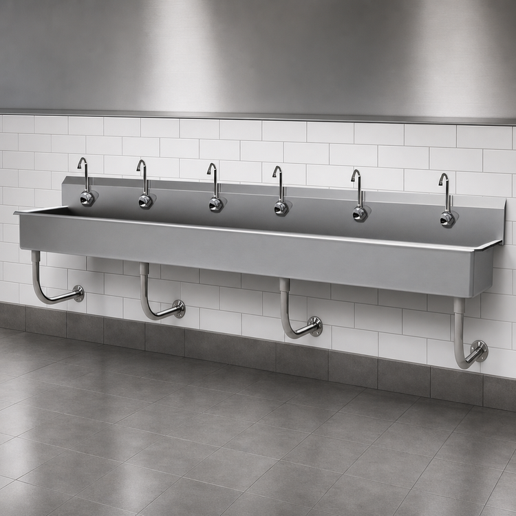 Product image #3 for Advance Tabco Multiwash 304 Stainless Steel Wall-Mounted 6-Station Hand Wash Sink with Electronic Faucets and Backsplash, 120 Inches Wide