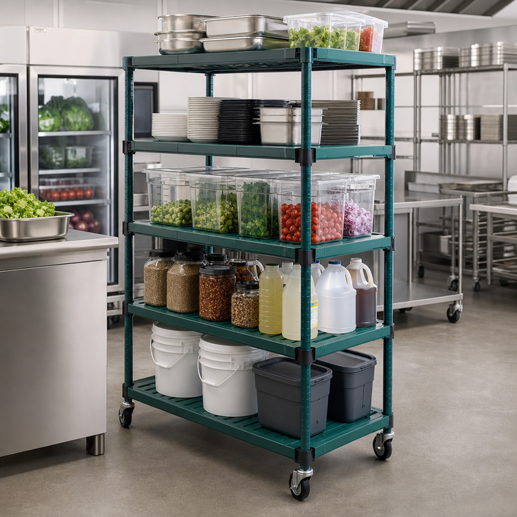 Product image #3 for QuadPlus 5-Tier Mobile Starter Wire Shelving Unit, 60-Inch W x 24-Inch D x 74-Inch H, Blue-Green Hybrid Epoxy Finish