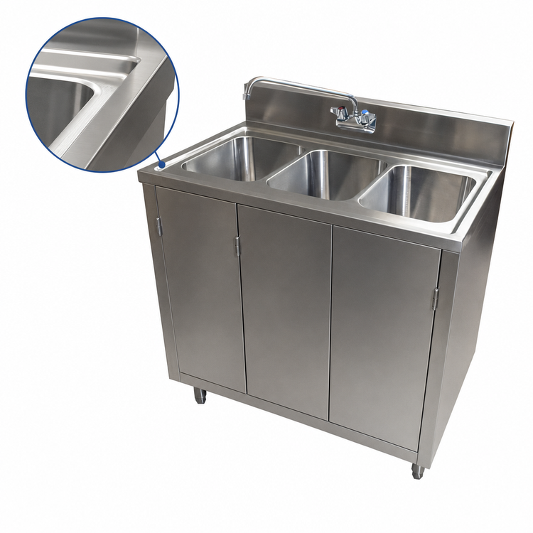 Product image #3 for BK Resources 3-Compartment Stainless Steel Sink Cabinet with Hinged Doors, 36 x 24 x 39-3/4 Inches