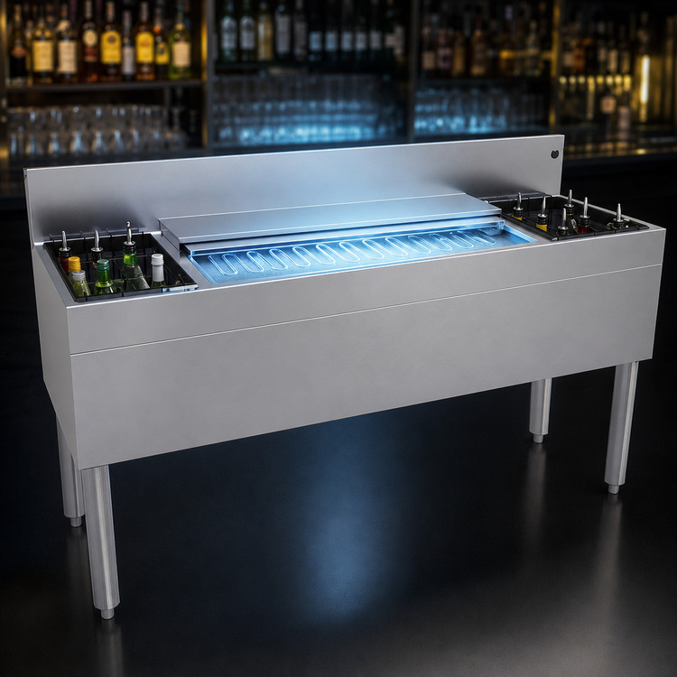 Product image #3 for Glastender CBA-60-CP10 Stainless Steel Underbar Combo Ice Bin/Cocktail Unit with 10-Circuit Cold Plate and Dual Bottle Wells