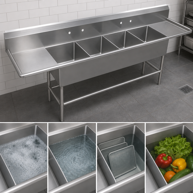 Product image #3 for John Boos Pro-Bowl 4-Compartment Floor Model Sink with Dual 30-Inch Drainboards, 14-Gauge Stainless Steel, 14-Inch Deep Bowls