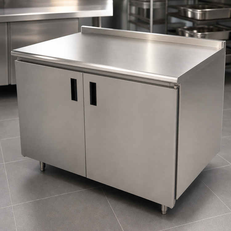 Product image #3 for Advance Tabco 84-Inch Enclosed Work Table with Cabinet Base, Mid-Shelf, Hinged Doors, and 304 Stainless Steel Top