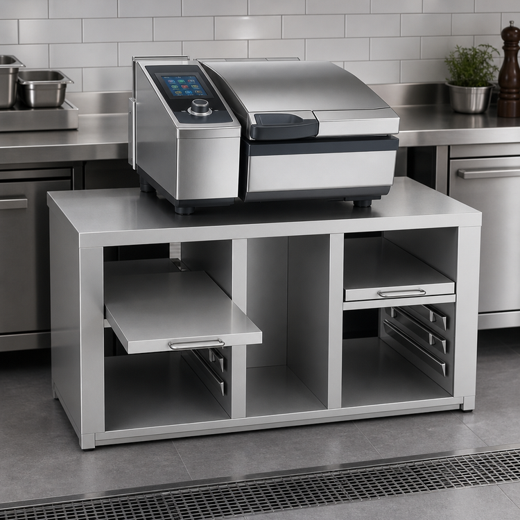 Product image #3 for RATIONAL Stainless Steel Equipment Stand for iVario 2-XS with 2 Pull-Out Shelves and GN Rails