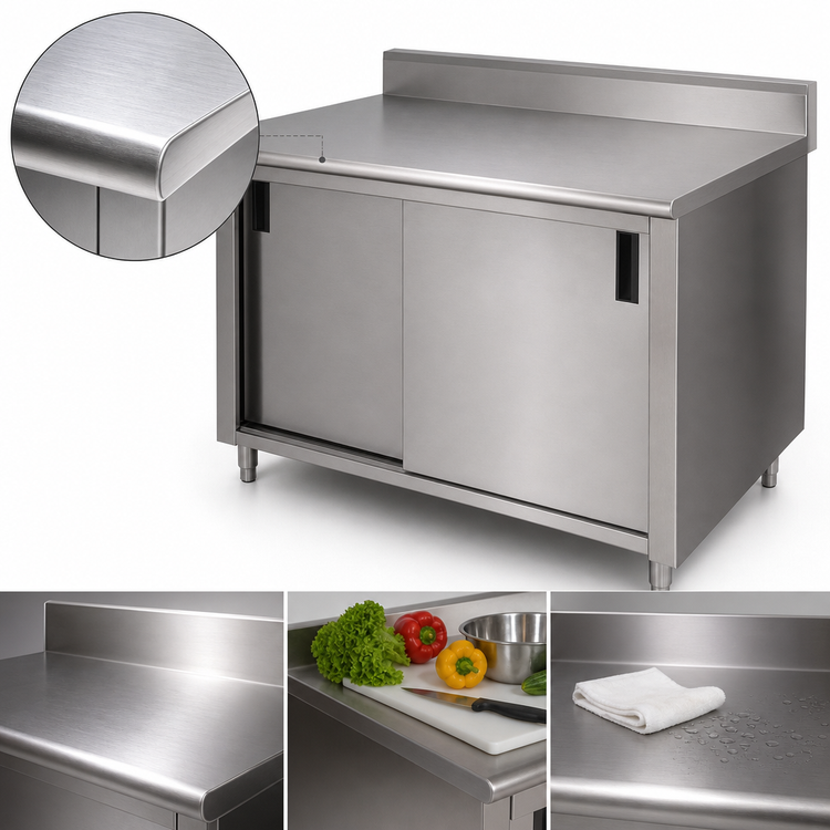 Product image #3 for Advance Tabco 48-Inch x 30-Inch Enclosed Work Table with 14-Gauge 304 Stainless Steel Top, Cabinet Base, Sliding Doors, Mid-Shelf, and 5-Inch Backsplash