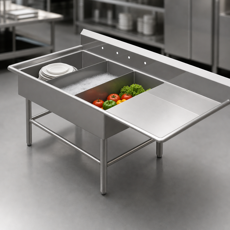 Product image #3 for John Boos Pro-Bowl 3-Compartment Platter Sink with Right Drainboard, 12-Inch Deep Bowls, 14-Gauge Stainless Steel
