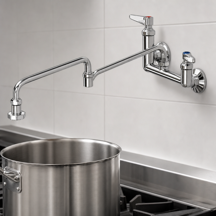 Product image #3 for T&S Brass 8-Inch Wall Mount Chrome-Plated Brass Pot Filler Mixing Faucet with 24-Inch Double-Joint Swing Nozzle