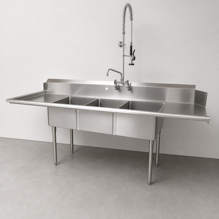 Product image #3 for BK Resources Soiled Dishtable and 3-Compartment Sink with Pre-Rinse Faucet, 100 Inch W x 30-1/2 Inch D x 44 Inch H, Left-to-Right Operation
