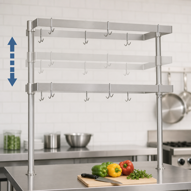 Product image #3 for BK Resources 48-Inch Adjustable Table-Mount Stainless Steel Pot Rack with 16 Double-Prong Hooks