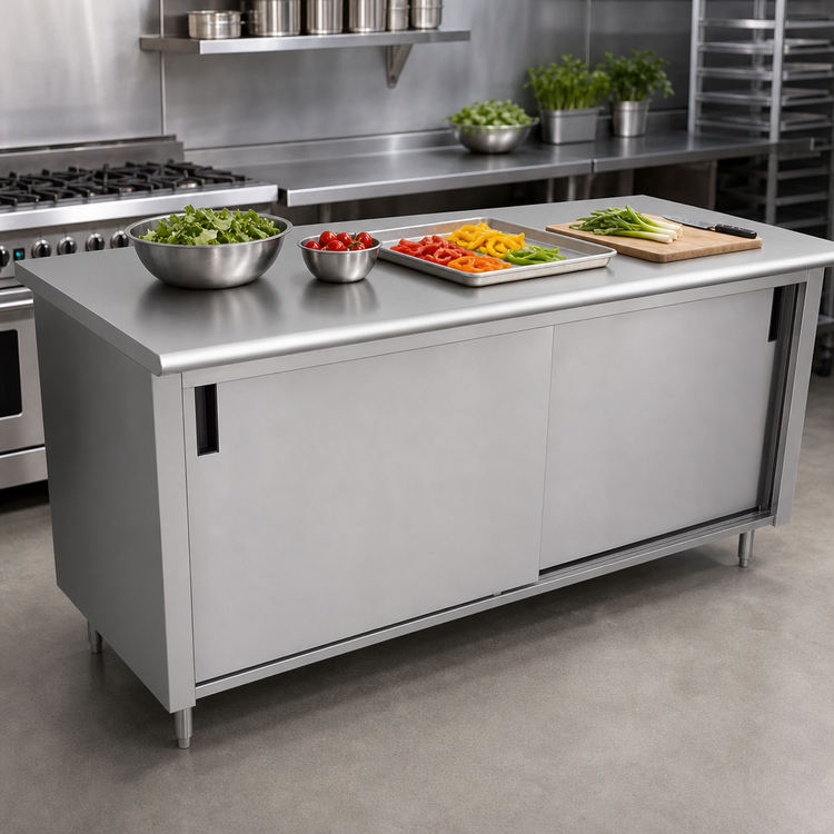 Product image #3 for Advance Tabco 120 x 36 Inch Enclosed Work Table with Sliding Door Cabinet Base and 14-Gauge 304 Stainless Steel Top