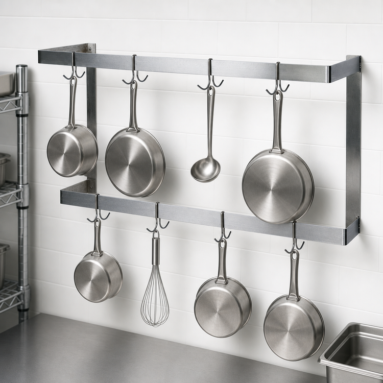 Product image #3 for BK Resources 48-Inch Wall-Mount Double Bar Stainless Steel Pot Rack with 8 Hooks