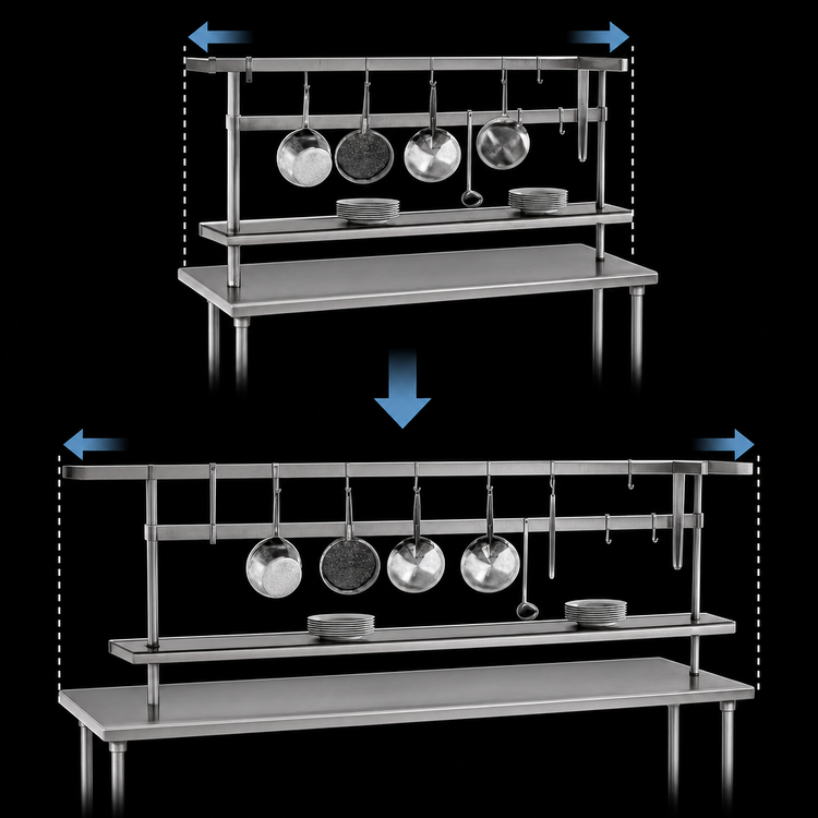 Product image #3 for Advance Tabco AUR-72 Adjustable Table-Mounted Stainless Steel Utensil Rack with 9 Plated Pot Hooks, 72 Inch
