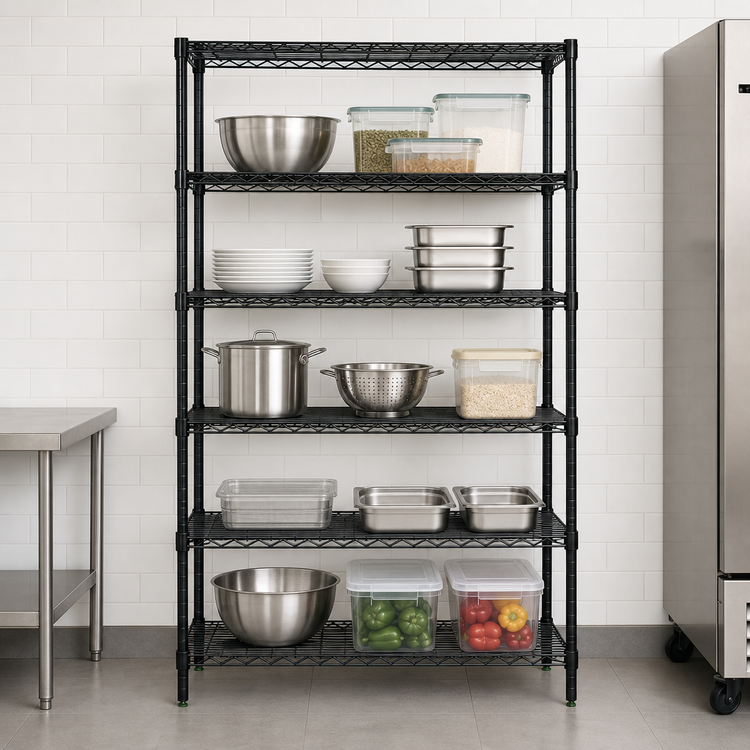 Product image #3 for Quantum 48"W x 14"D x 63"H 5-Shelf Wire Shelving Starter Kit, Black Epoxy Antimicrobial Finish