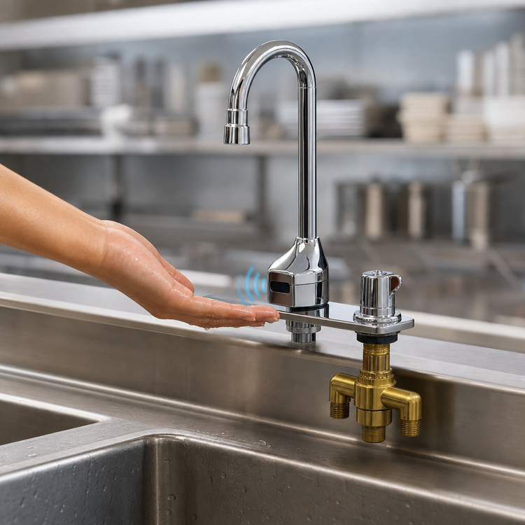 Product image #3 for T&S Brass ChekPoint Touchless Electronic Deck-Mount Gooseneck Faucet, 8-Inch Centers, Chrome-Plated Brass