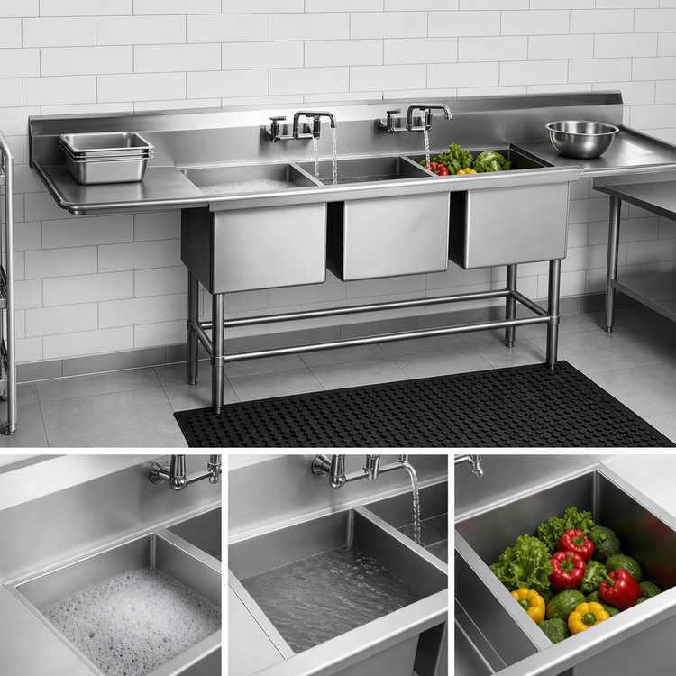 Product image #3 for Spec-Master FN Series Three-Compartment Coved Corner Stainless Steel Sink with Dual 30-Inch Drainboards, 126-Inch Wide