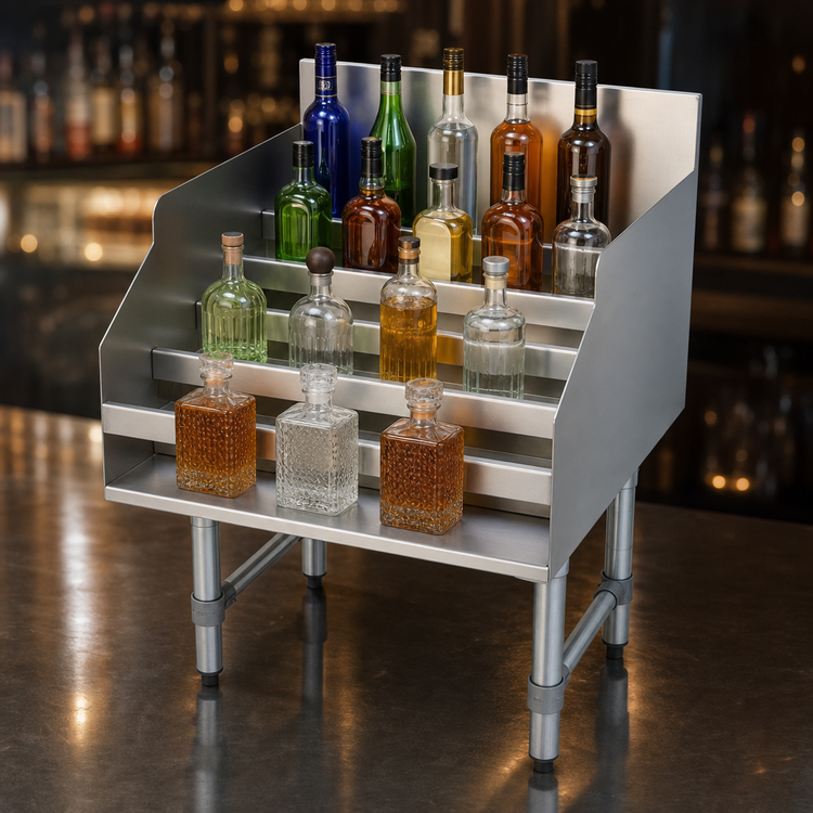 Product image #4 for Advance Tabco 5-Step Freestanding Stainless Steel Liquor Bottle Display Unit with 4-Inch Backsplash