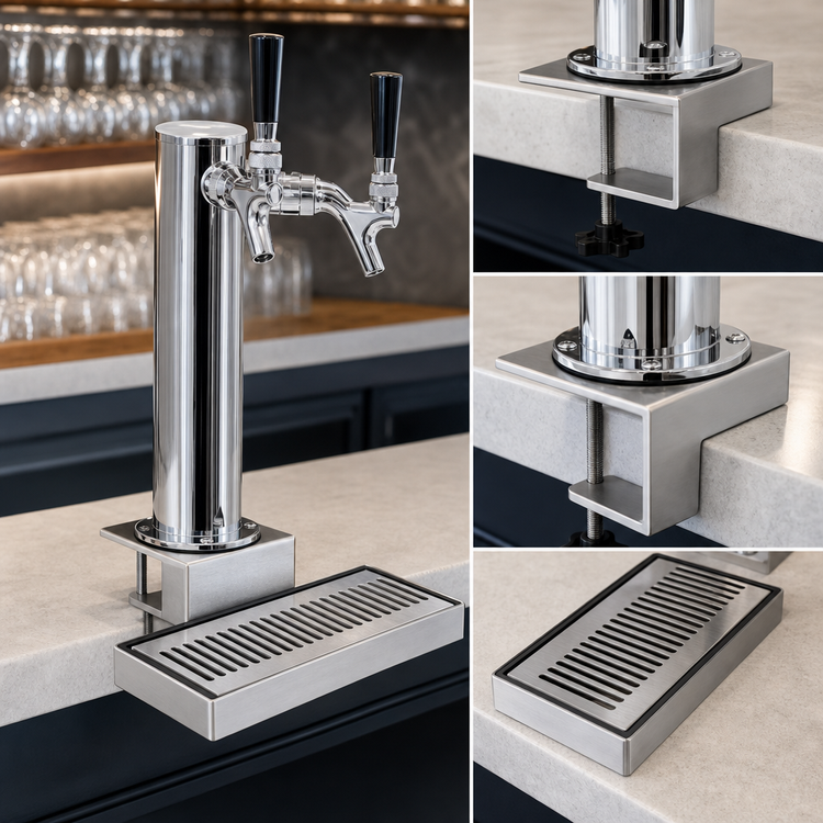 Product image #3 for Clamp-On 2-Faucet Countertop Draft Beer Tower with Chrome Finish and Stainless Steel Drip Tray