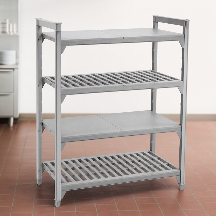 Product image #4 for Cambro Camshelving Premium 18 x 72 Inch 4-Shelf Vented and Solid Polymer Shelf Kit, Speckled Gray