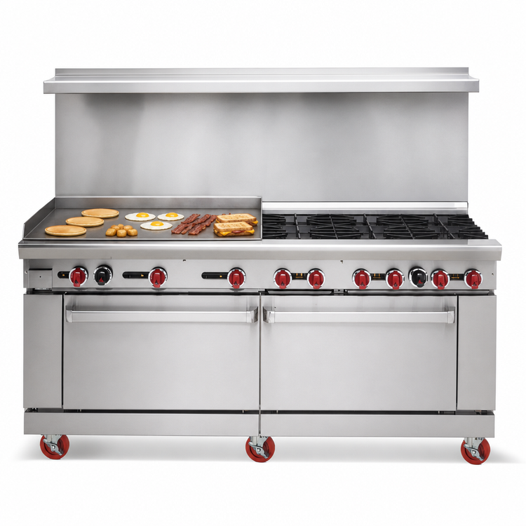 Product image #3 for American Range 72-Inch Gas Restaurant Range with 36-Inch Griddle, 6 Open Burners, Standard Oven, and Storage Base
